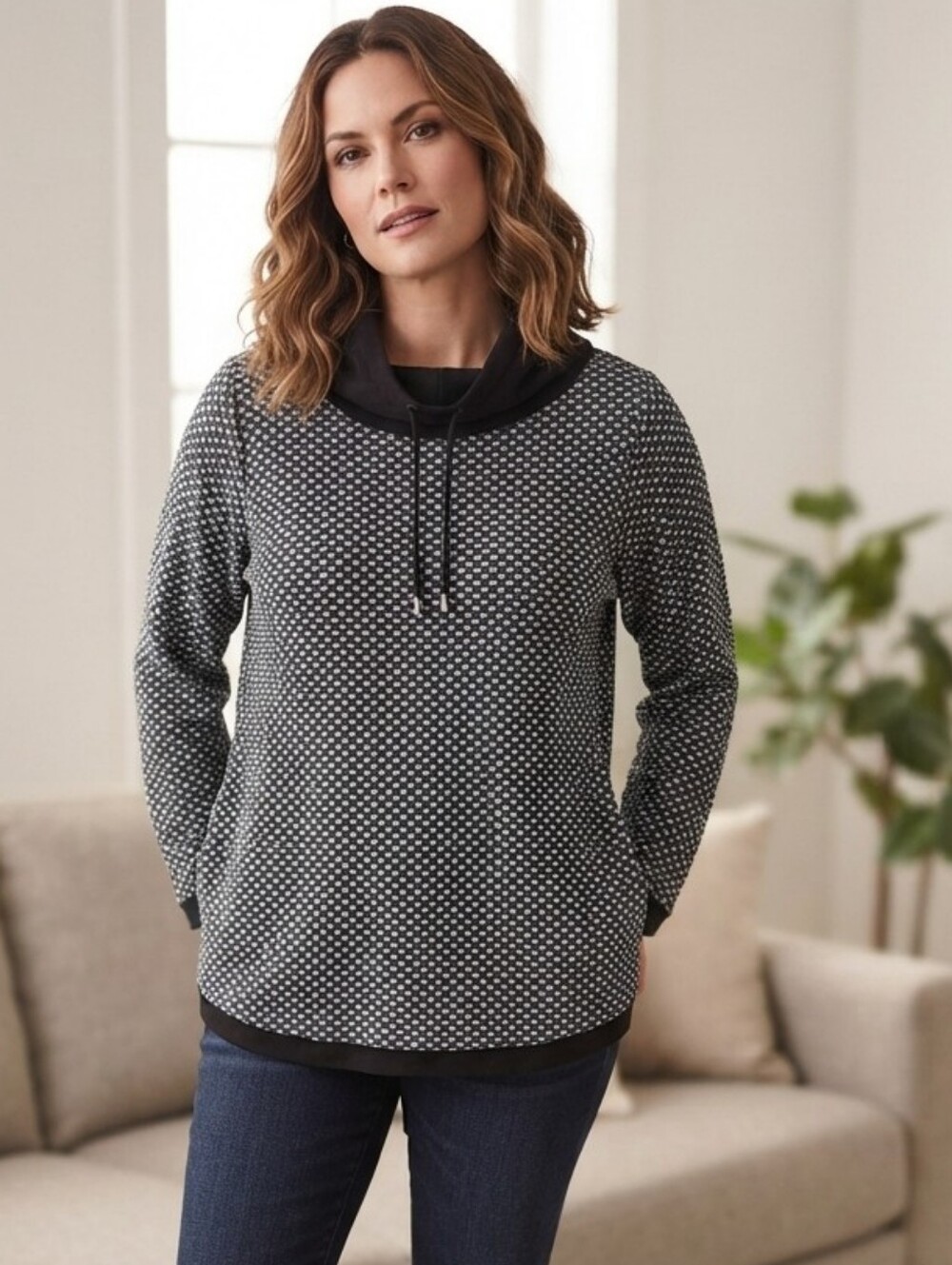 Weekends by Chico's Pullover Women Size (2) L/XL Black White Textured Cowl Neck